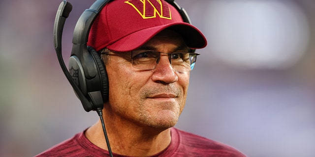 Head coach Ron Rivera of the Washington Commanders reacts during the first half of the preseason game against the Baltimore Ravens in Baltimore, Maryland, on Aug. 27, 2022.