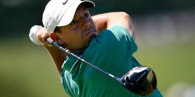 Rory McIlroy of Northern Ireland watches his shot on the sixth tee during the third round of the BMW Championship golf tournament at Wilmington Country Club Aug. 20, 2022, in Wilmington, Del.