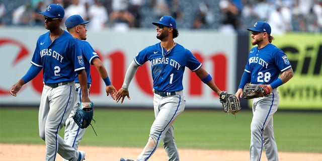 Kansas City Royals catcher MJ Melendez (1) celebrates with teammates after defeating the New York Yankees in a baseball game Sunday, July 31, 2022, in New York. 