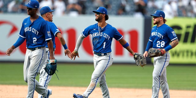 Kansas City Royals catcher MJ Melendez (1) celebrates with teammates after defeating the New York Yankees in a baseball game Sunday, July 31, 2022, in New York.