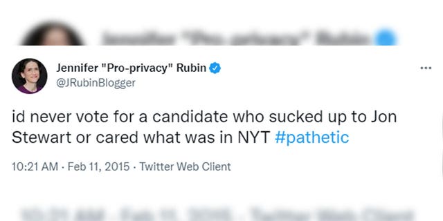 Washington Post columnist Jennifer Rubin tweeted in 2015 that she vowed to "never vote for a candidate who sucked up to Jon Stewart."