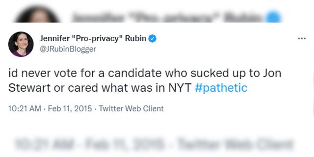 Washington Post columnist Jennifer Rubin tweeted in 2015 that she vowed to "never vote for a candidate who sucked up to Jon Stewart."