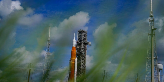 The new NASA moon rocket is seen on Launch Pad 39-B at the Kennedy Space Center, Saturday, Aug. 27, 2022, in Cape Canaveral, Fla. 