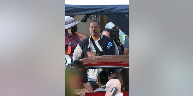 Eddie Murphy was seen on the set in California of his new "Beverly Hills Cop" movie, donning the famous letterman jacket.
