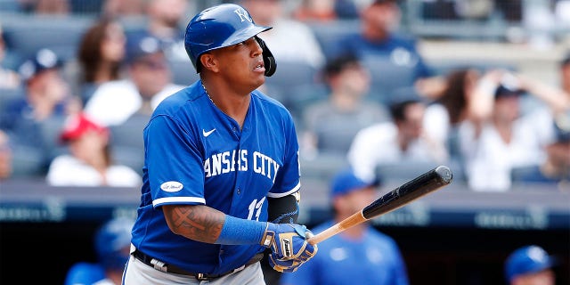 Kansas City Royals' Salvador Perez (13) watches his home run go into the stands during the ninth inning of a baseball game against the New York Yankees, Sunday, July 31, 2022, in New York.