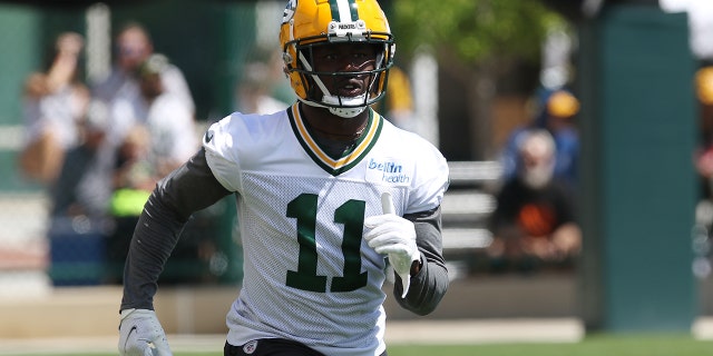 Green Bay Packers wide receiver Sammy Watkins #11 trains at Green Bay Packers training camp at Ray Nitschke Field in Ashwaubenon, Wisconsin, July 30, 2022.