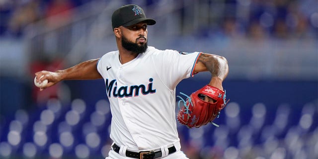 Miami Marlins' Sandy Alcantara delivers a pitch during the first inning of a baseball game against the Cincinnati Reds, Wednesday, Aug. 3, 2022, in Miami.
