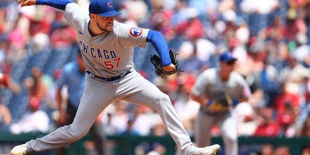 Scott Effross #57 of the Chicago Cubs in action during a game against the Philadelphia Phillies at Citizens Bank Park on July 24, 2022 in Philadelphia, Pennsylvania. The Cubs defeated the Phillies 4-3.
