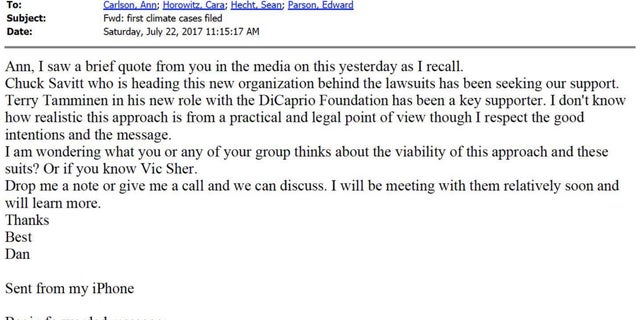 Emmett mentions to Carlson that the Leonardo DiCaprio Foundation has been a "key supporter" of Sher Edling's litigation.