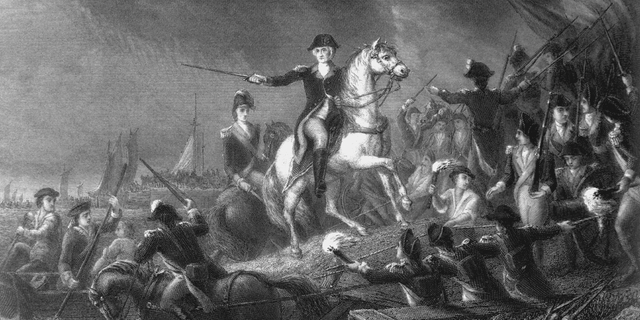 Illustration of Gen. George Washington directing the retreat of the Continental Army across the East River, from Brooklyn to Manhattan, after their defeat at the hands of British forces during the battle of Long Island, August 29, 1776. Engraving by JC Armytage from a painting by Wageman.