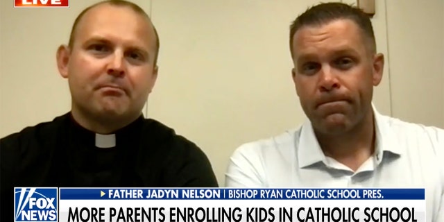 The Rev. Jadyn Nelson and parent Perry Olsen explained the benefits of a Catholic school education, which includes continuing the values and morals that kids are taught in the home.