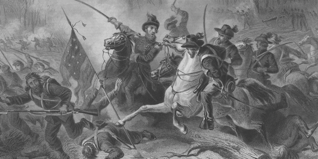 An engraving of General Ulysses Simpson Grant during the battle of Shiloh, also known as the battle of Pittsburg landing in Tennessee during the US civil war on 7 April 1862. General Grant wrongly scapegoated General Lew Wallace for the shocking number of Union casualties at the battle.