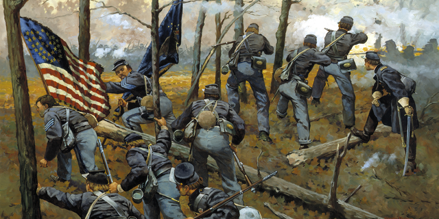 "Plenty of Fighting Today": Union troops of the 9th Illinois at the Battle of Shiloh during the Civil War. The 9th Illinois Infantry was at Shiloh, Tennessee, on April 6, 1862, when the Confederate Army of the Mississippi struck at dawn. Oil on canvas by Keith Rocco, 1995. "Ben-Hur" author General Lew Wallace served at the Battle of Shiloh, where he took the blame for failures of the Union Army in the eventual northern victory. 