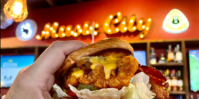 Ausgestellte Köstlichkeiten: Nashville Hot Chicken and Cheddar Sandwich von Party Fowl auf der 8th Avenue im Stadtteil The Gulch. 