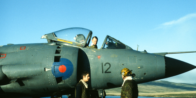 Royal Air Force 800 squadron Sea Harrier aircraft landing on HMS Fearless L10 during the Falklands War 1982. It was unable to land at the damaged Sheathbill air strip; the pilot was Lt-Cdr Neil Thomas.
