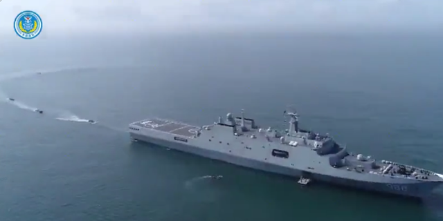 A screenshot of a Chinese navy ship in a propaganda video released by Chinese state-run media.