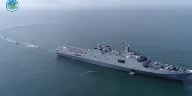 Screenshot of a Chinese warship in a propaganda video released by state-run Chinese media.