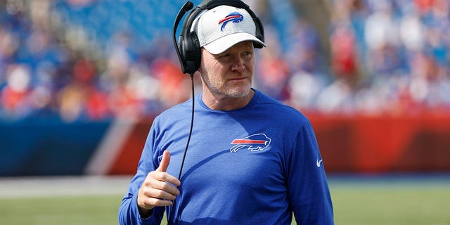 Buffalo Bills head coach Sean McDermott gives a thumbs-up during the Denver Broncos game, Aug. 20, 2022, in Orchard Park, New York.