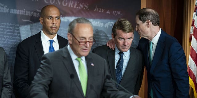 Senator Michael Bennet, a Democrat from Colorado, center, and Senator Ron Wyden, a Democrat from Oregon, right, speak during a news conference on the Child Tax Credit at the U.S. Capitol in Washington, D.C., U.S.,