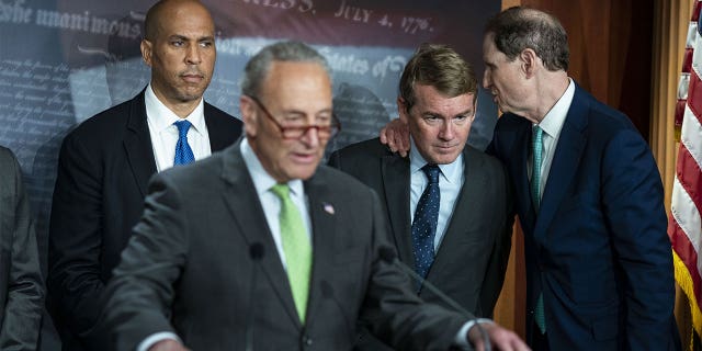 Senator Michael Bennet, a Democrat from Colorado, center, and Senator Ron Wyden, a Democrat from Oregon, right, speak during a news conference on the Child Tax Credit at the U.S. Capitol in Washington, D.C., U.S.,