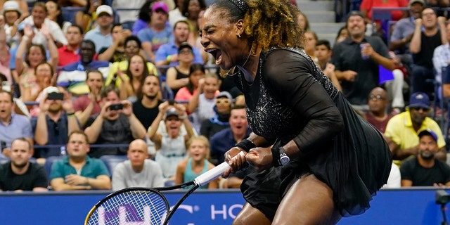 Serena Williams, of the United States, reacts during the first round of the US Open tennis championships against Danka Kovinic, of Montenegro, Monday, Aug. 29, 2022, in New York. 