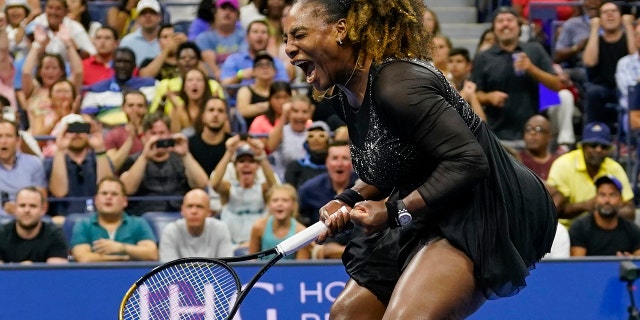 Serena Williams, of the United States, reacts during the first round of the US Open tennis championships against Danka Kovinic, of Montenegro, Monday, Aug. 29, 2022, in New York. 