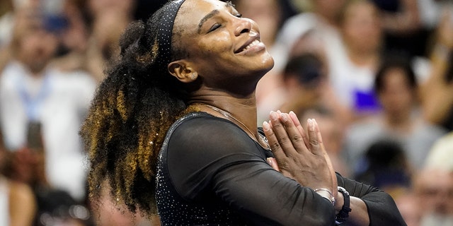 Serena Williams, of the United States, reacts after defeating Danka Kovinic, of Montenegro, during the first round of the US Open tennis championships, Monday, Aug. 29, 2022, in New York.