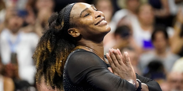 Serena Williams, of the United States, reacts after defeating Danka Kovinic, of Montenegro, during the first round of the US Open tennis championships, Monday, Aug. 29, 2022, in New York.