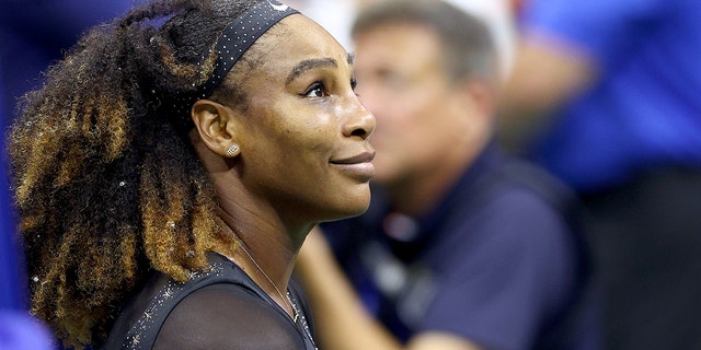 Serena Williams, of the United States, celebrates against Danka Kovinic of Montenegro during the Women's Singles First Round on Day One of the 2022 US Open at USTA Billie Jean King National Tennis Center on August 29, 2022 in the Flushing neighborhood of the Queens borough of New York City.