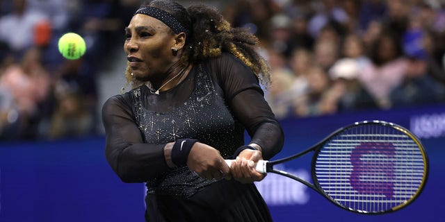 Serena Williams of the United States plays a backhand against Anett Kontaveit of Estonia in their Women's Singles Second Round match on Day Three of the 2022 US Open at USTA Billie Jean King National Tennis Center on August 31, 2022 in the Flushing neighborhood of the Queens borough of New York City.