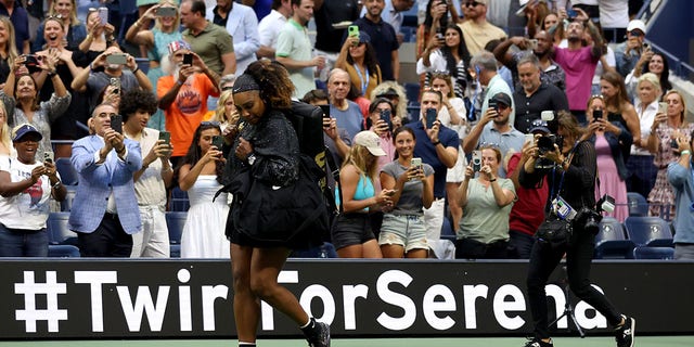 Serena Williams of the United States walks onto the court prior to her Women's Singles Second Round match against Anett Kontaveit of Estonia on Day Three of the 2022 US Open at USTA Billie Jean King National Tennis Center on August 31, 2022 in the Flushing neighborhood of the Queens borough of New York City.