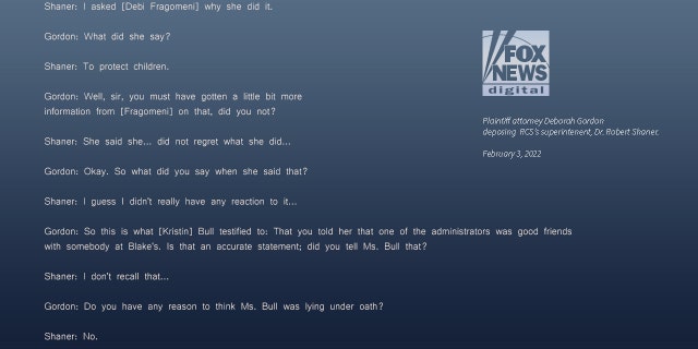 The superintendent of Rochester Community Schools, Dr. Robert Shaner, testifies under oath that Debi Fragomeni told him ‘she… did not regret what she did,’ according to a transcript of the deposition.