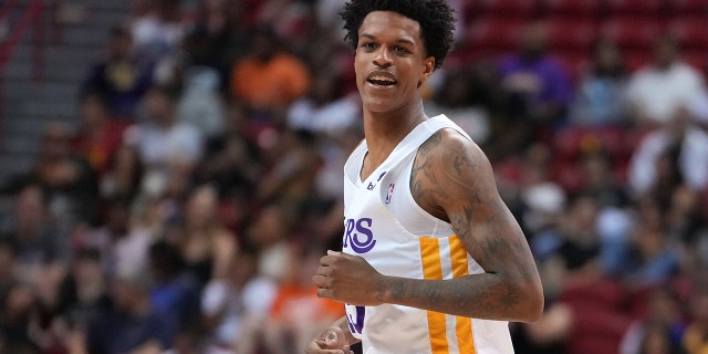 Los Angeles Lakers forward Shareef O'Neal, #45, reacts after a play during an NBA Summer League game against the Charlotte Hornets at Thomas &amp; Mack Center in Las Vegas July 10, 2022.