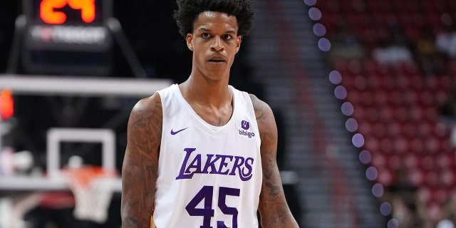 Los Angeles Lakers forward Shareef O'Neal, #45, reacts during an NBA Summer League game against the Phoenix Suns at T&M in Las Vegas July 8, 2022.