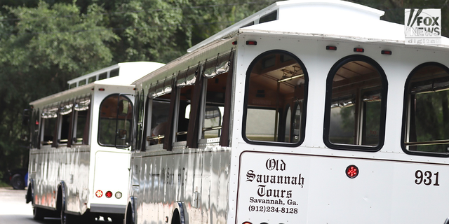 Old Savannah Tour busses arrive for Jennifer Lopez and Ben Affleck's wedding on Saturday afternoon.