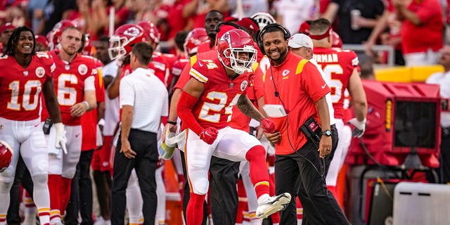 Skyy Moore (24) of the Kansas City Chiefs celebrates during the preseason game against the Green Bay Packers at Arrowhead Stadium in Kansas City, Missouri, on Aug. 25, 2022.