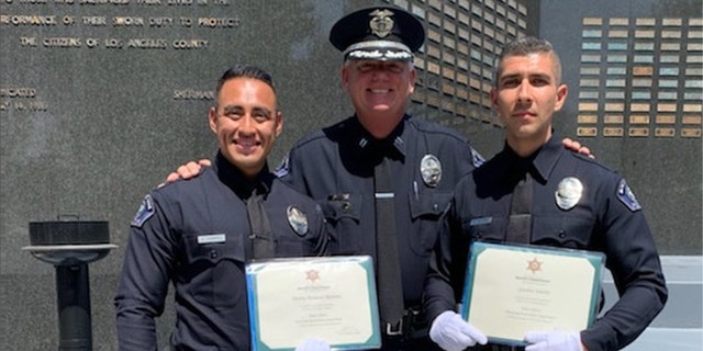 Monterey Park Police Officer Gardiel Solorio, right, was killed in an attempted carjacking outside an LA Fitness gym Monday, according to authorities.