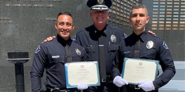 Monterey Park Police Officer Gardiel Solorio, right, was killed in an attempted carjacking outside an LA Fitness gym Monday, according to authorities.