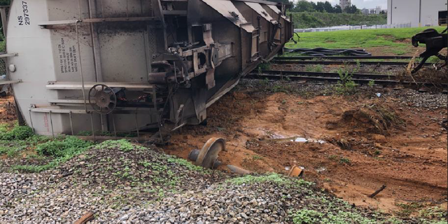 Three train cars carrying soybeans that belonged to Norfolk Southern Railway derailed on July 29, 2022. The Georgia Environmental Protection Division's Flat Creek Fish Kill Report says fill dirt was used to help equipment access the scene. Damming of nearby water reportedly impeded flow upstream and downstream of the accident.
