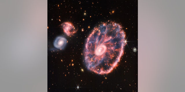 A large pink mottled wheel-like galaxy with a small inner oval with dusty blue in between on the right, with two smaller spiral galaxies of about equal size on the left against a black background.