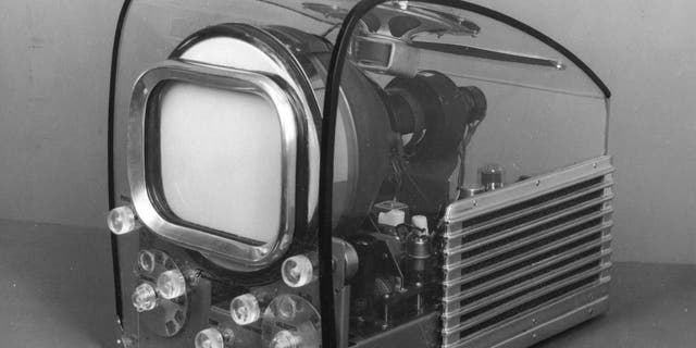 View of a Farnsworth table model television receiver, in a Lucite cabinet to show the components, 1949.