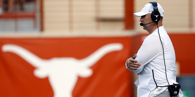 Longhorns head coach Steve Sarkisian calls a play during the spring game on April 23, 2022, at Darrell K Royal in Austin, Texas.