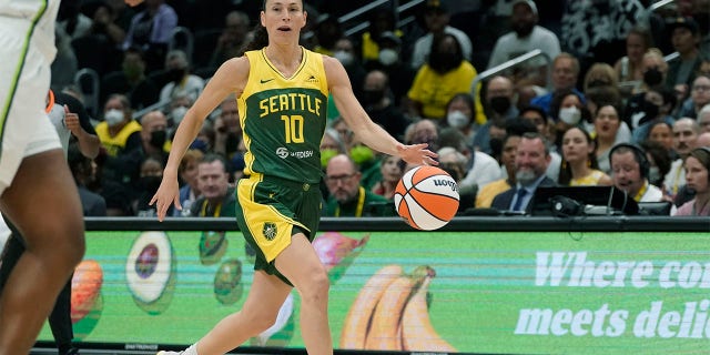 Seattle Storm guard Sue Bird brings the ball up against the Minnesota Lynx during the first half of a WNBA basketball game Wednesday, Aug. 3, 2022, in Seattle.