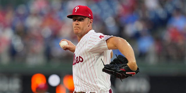 Noah Syndergaard #43 of the Philadelphia Phillies throws a pitch against the Miami Marlins at Citizens Bank Park on August 10, 2022 in Philadelphia, Pennsylvania.  The Phillies defeated the Marlins 4-3. 