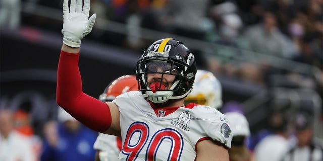 TJ Watt waves of the Pittsburgh Steelers during the NFL Pro Bowl at Allegiant Stadium on February 6, 2022 in Las Vegas, Nevada.