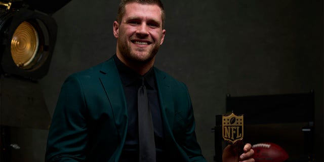 Watt poses for a portrait after winning the Deacon Jones Sack Leader Award during the NFL Honors show at YouTube Theater in Inglewood, California, on Feb. 10, 2022.