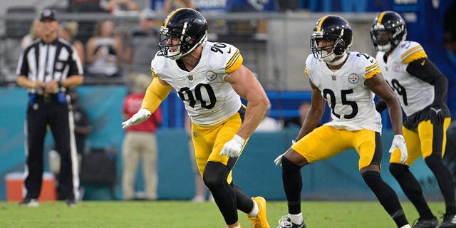 Pittsburgh Steelers linebacker T.J. Watt (90) follows a play during the first half of a preseason NFL football game against the Jacksonville Jaguars, Saturday, Aug. 20, 2022, in Jacksonville, Fla. Watt tied an NFL record with 22½ sacks last season on his way to capturing the Defensive Player of the Year award.