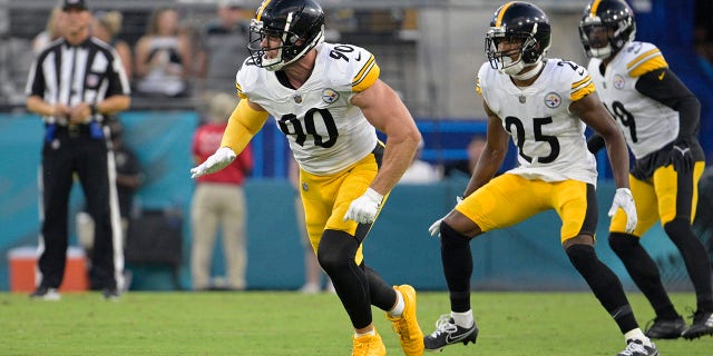 Pittsburgh Steelers linebacker T.J. Watt (90) follows a play during the first half of a preseason NFL football game against the Jacksonville Jaguars, Saturday, Aug. 20, 2022, in Jacksonville, Fla. Watt tied an NFL record with 22½ sacks last season on his way to capturing the Defensive Player of the Year award.