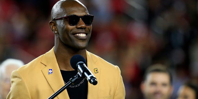 Hall of Famer Terrell Owens speaks during halftime of a game between the San Francisco 49ers and the Oakland Raiders at Levi's Stadium in Santa Clara, California, November 1, 2018.