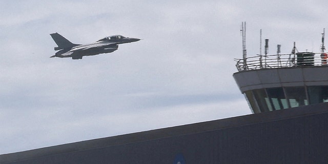 An F-16V flies past an air base in Hualien, Taiwan, Aug. 18, 2022. 